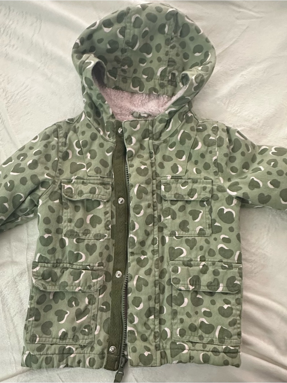 Cat & Jack Olive Green Heart Print Hooded Puffer Jacket
